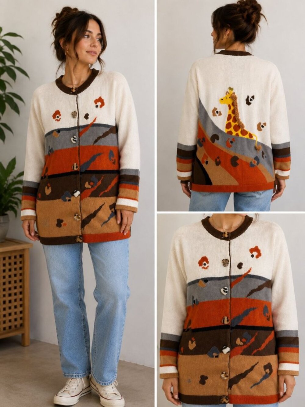 Vintage 90s Storybook Knits Giraffe Safari Cardigan Sweater Womens Large Ramie C